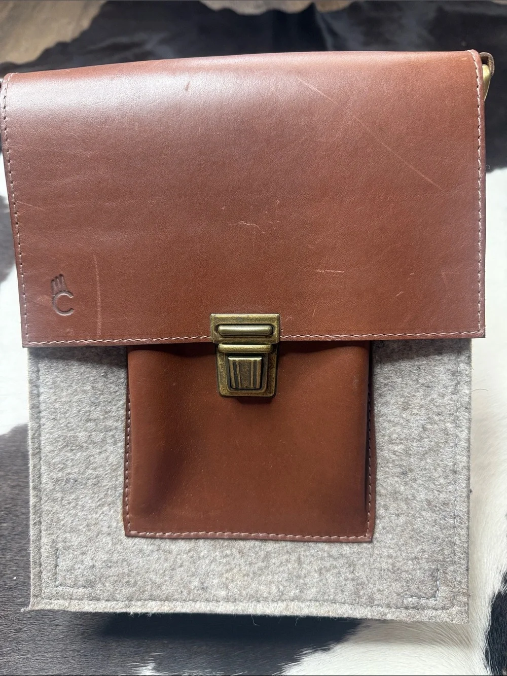 Men's Brown Leather & Gray Felt Messenger Crossbody Bag